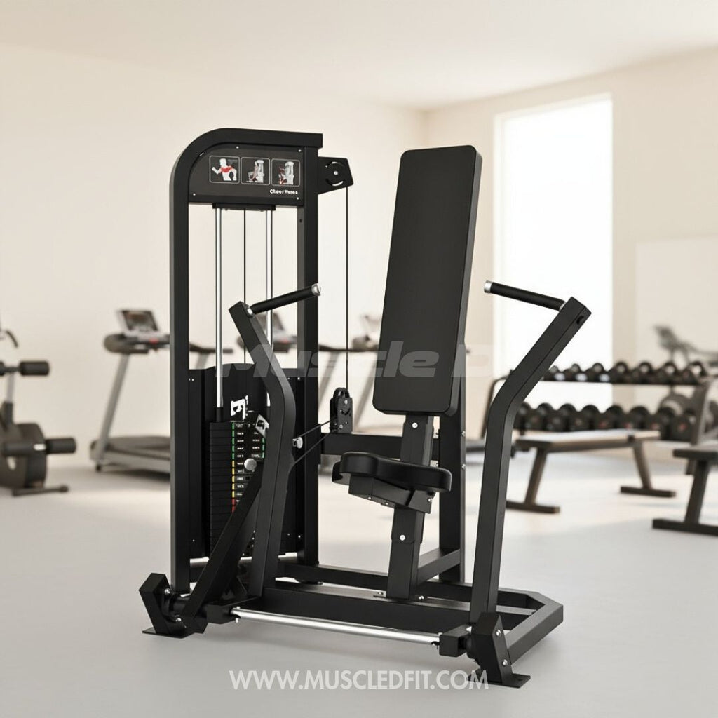 Excel Seated Chest Press - Muscle D Fitness - Selectorized Bench Press - Gas Shock Assisted Seat Adjustment