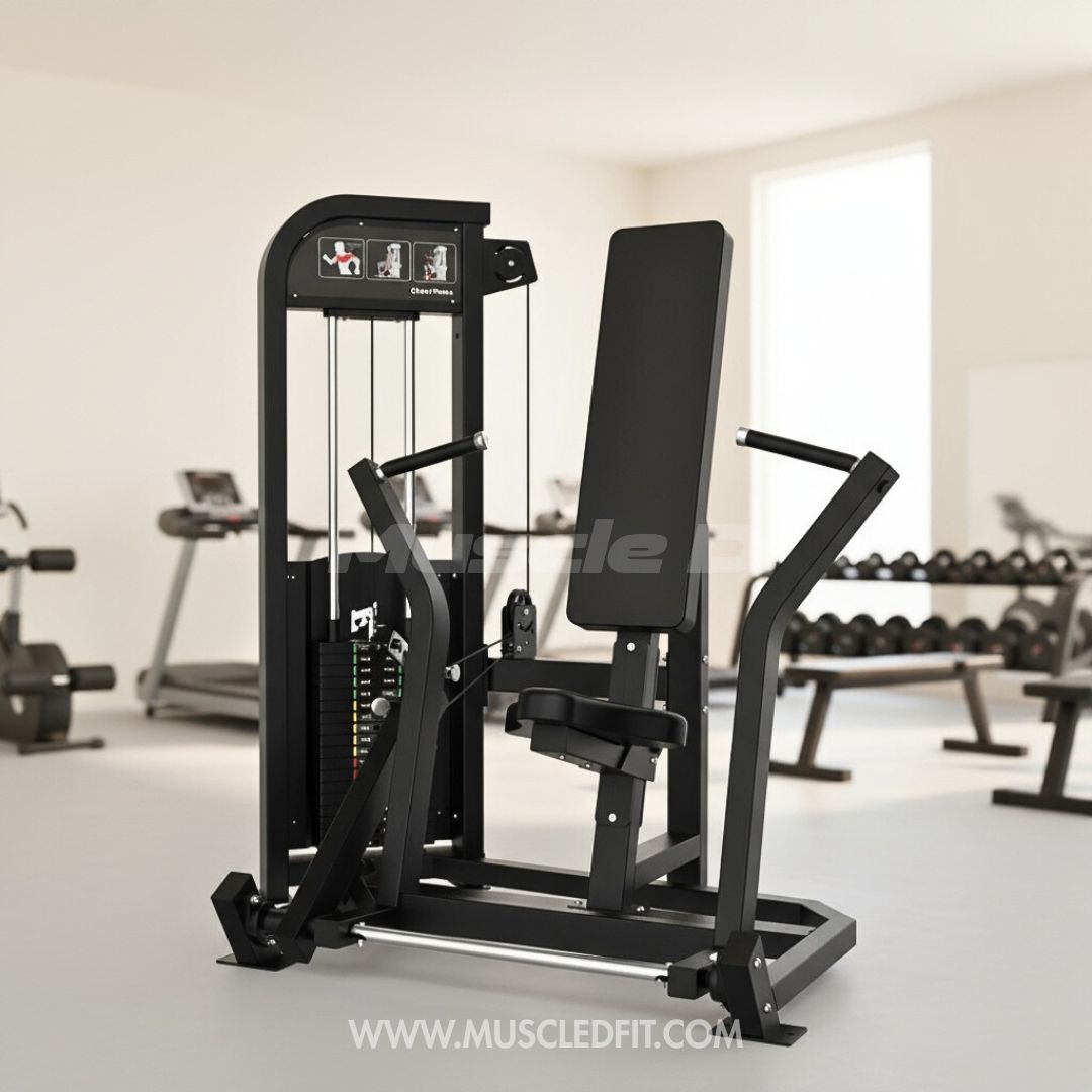Excel Seated Chest Press - Muscle D Fitness - Selectorized Bench Press - Gas Shock Assisted Seat Adjustment