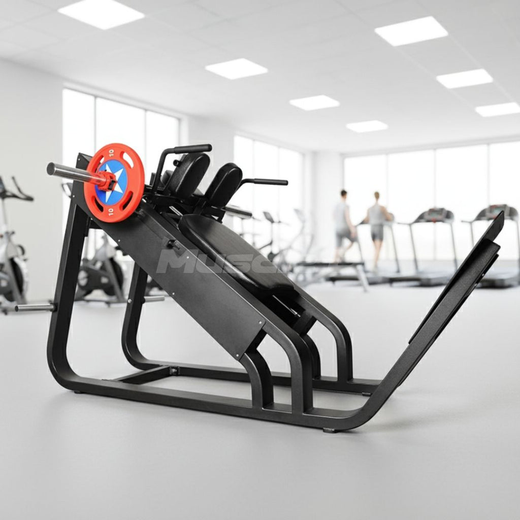 Excel Linear Hack Slide - Muscle D Fitness - Plate Load Hack Squat - Weight Storage Pegs - Safety Catch