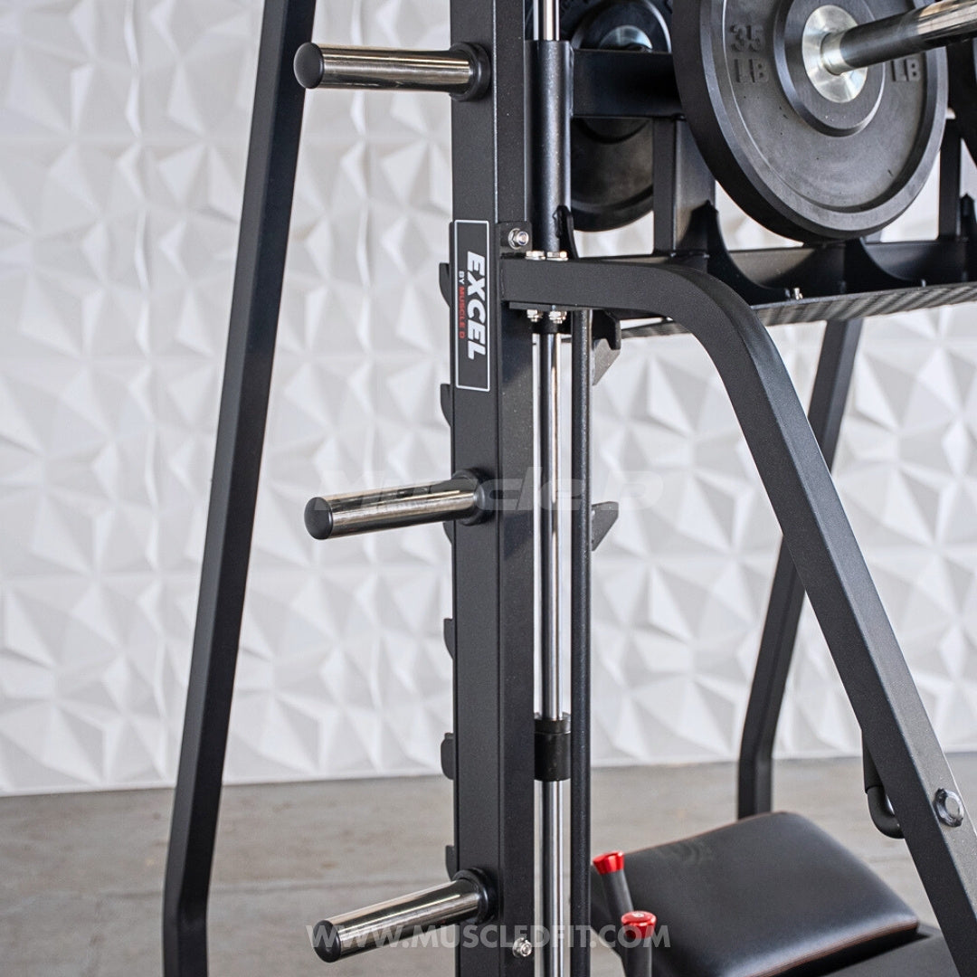 Excel Vertical Leg Press - Muscle D Fitness - Plate Load Leg Press - Adjustabe Back Pad - Weight Storage Pegs - Safety stops