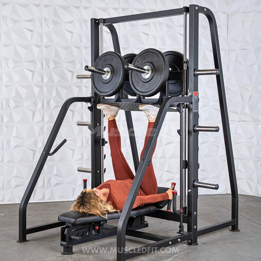 Excel Vertical Leg Press - Muscle D Fitness - Plate Load Leg Press - Adjustabe Back Pad - Weight Storage Pegs - Safety stops
