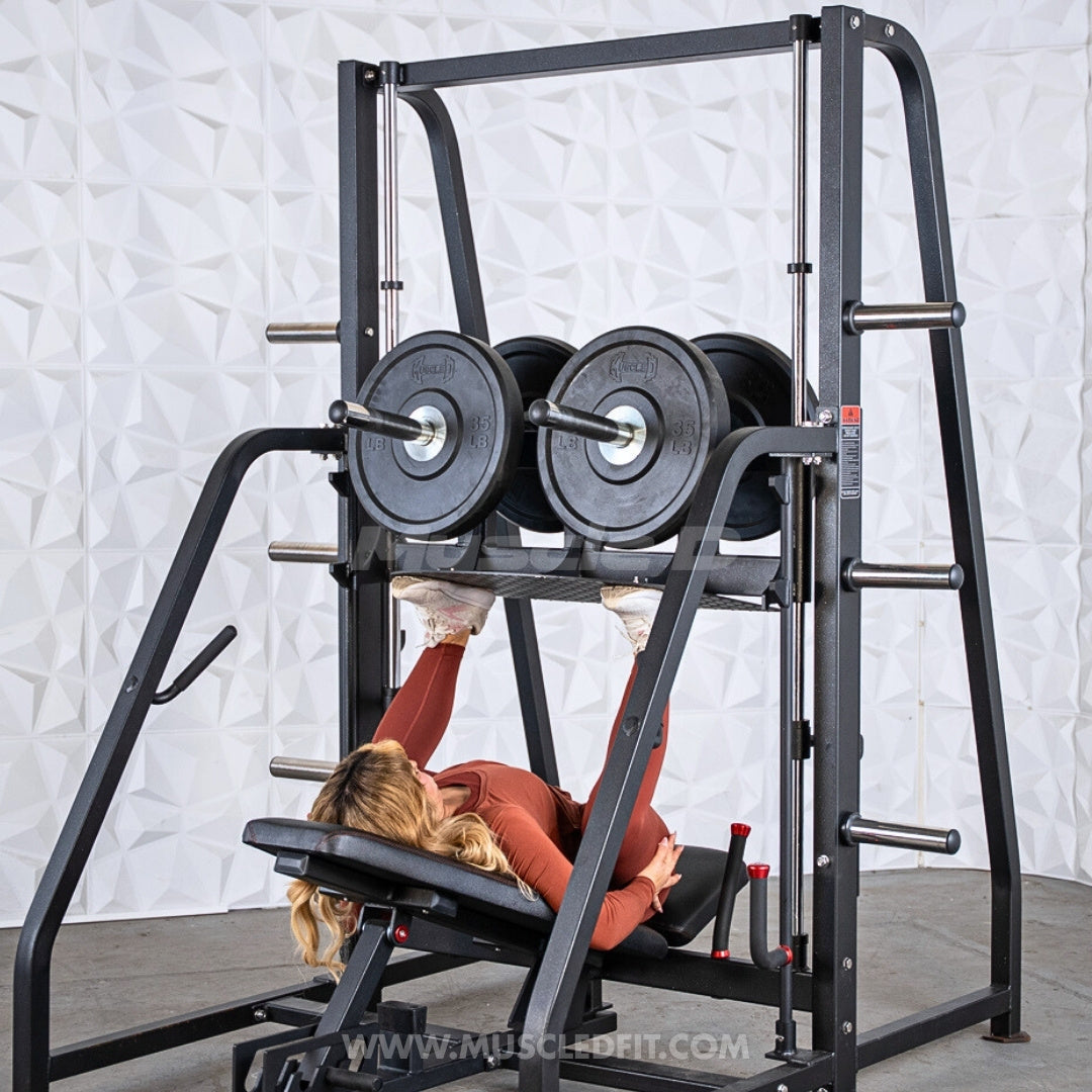Excel Vertical Leg Press - Muscle D Fitness - Plate Load Leg Press - Adjustabe Back Pad - Weight Storage Pegs - Safety stops