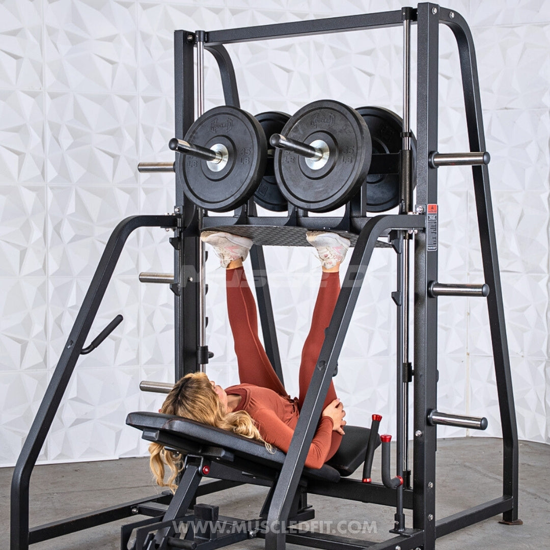 Excel Vertical Leg Press - Muscle D Fitness - Plate Load Leg Press - Adjustabe Back Pad - Weight Storage Pegs - Safety stops