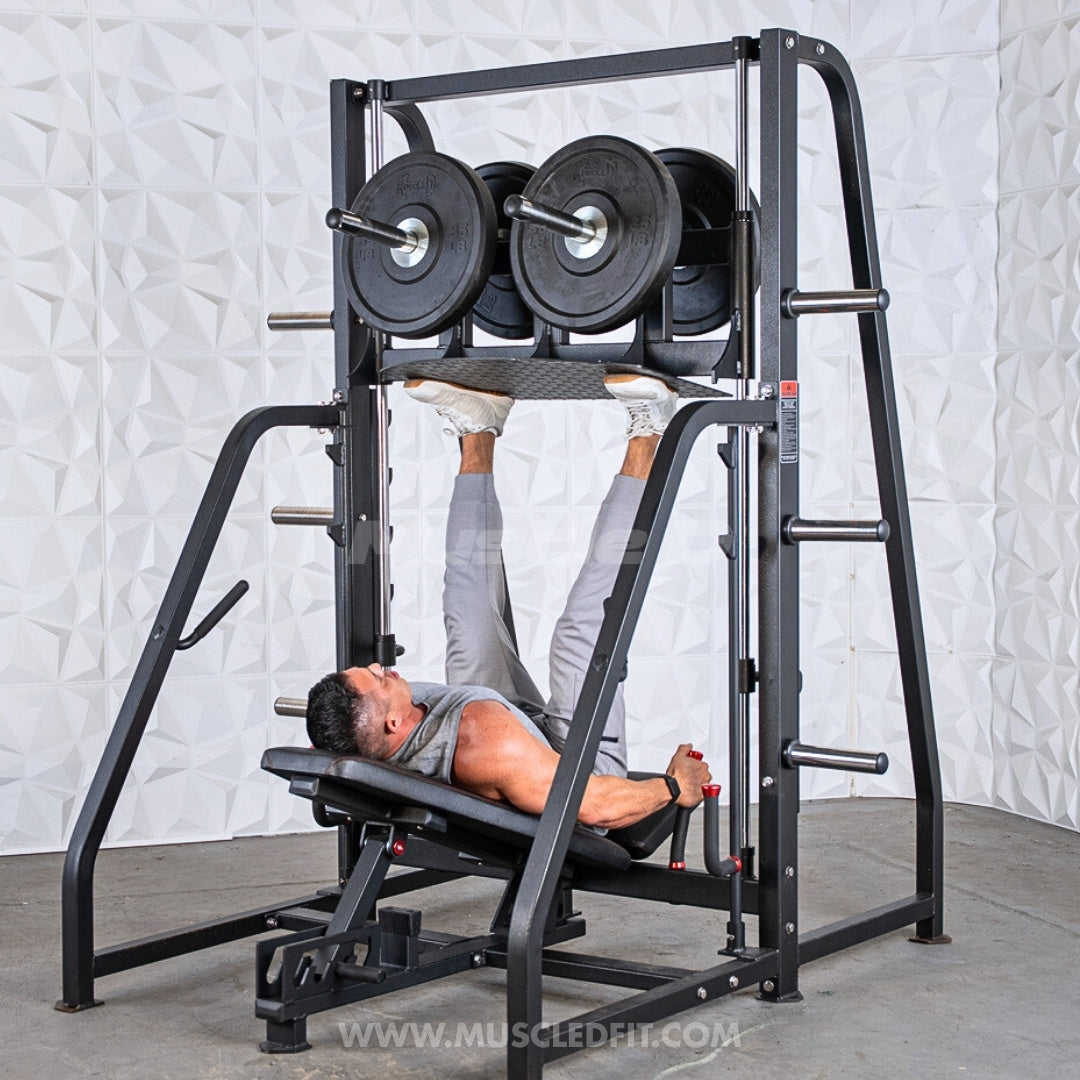 Excel Vertical Leg Press - Muscle D Fitness - Plate Load Leg Press - Adjustabe Back Pad - Weight Storage Pegs - Safety stops