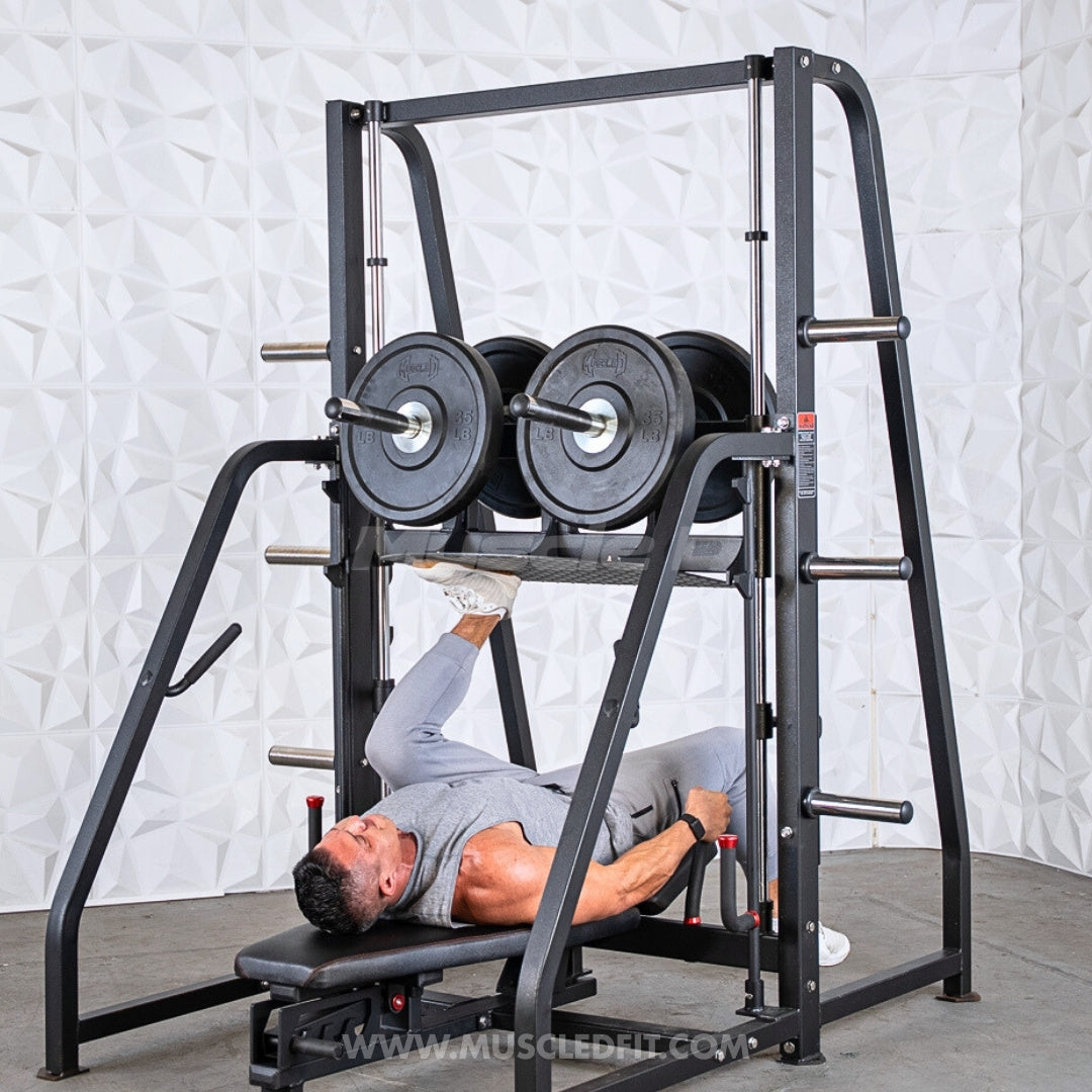 Excel Vertical Leg Press - Muscle D Fitness - Plate Load Leg Press - Adjustabe Back Pad - Weight Storage Pegs - Safety stops