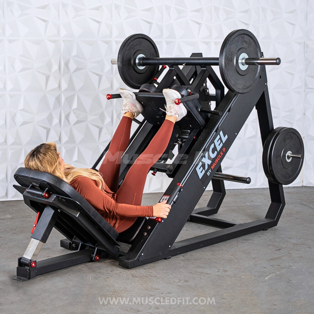 Excel Linear Hack/Leg Press - Muscle D Fitness - Plate Load Hack Squat Combo - Weight Storage Pegs - Adjustable Foot Plate / Back Pad