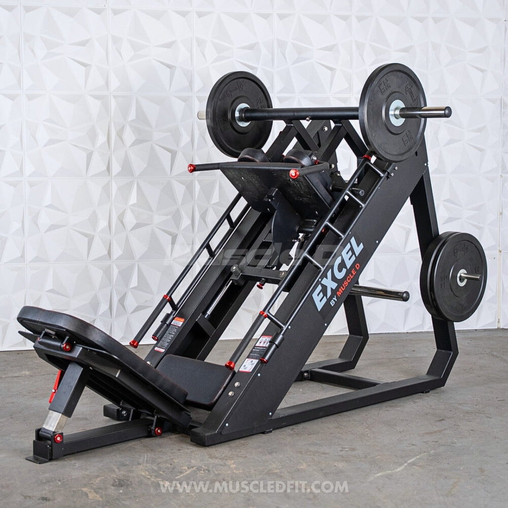 Excel Linear Hack/Leg Press - Muscle D Fitness - Plate Load Hack Squat Combo - Weight Storage Pegs - Adjustable Foot Plate / Back Pad