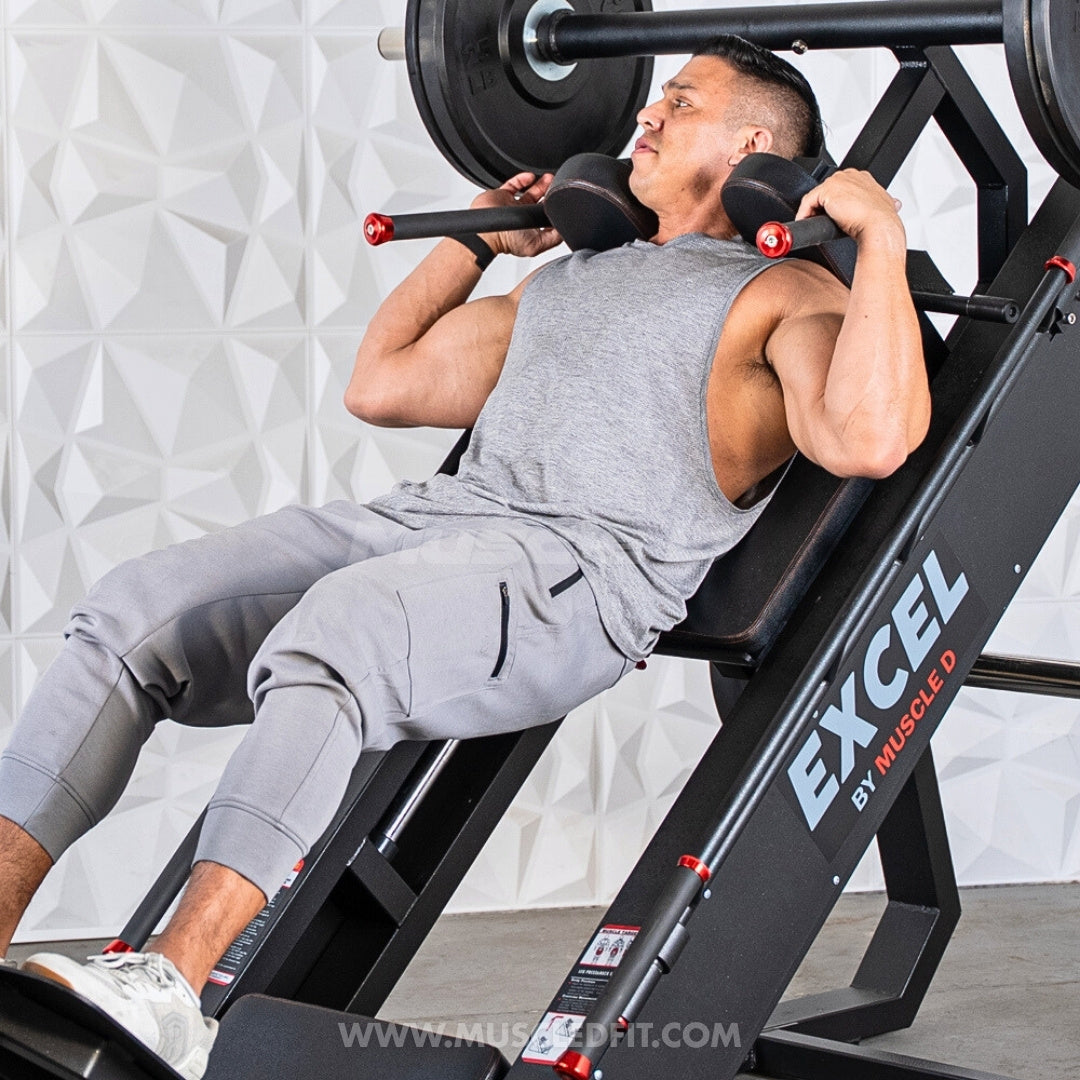 Excel Linear Hack/Leg Press - Muscle D Fitness - Plate Load Hack Squat Combo - Weight Storage Pegs - Adjustable Foot Plate / Back Pad